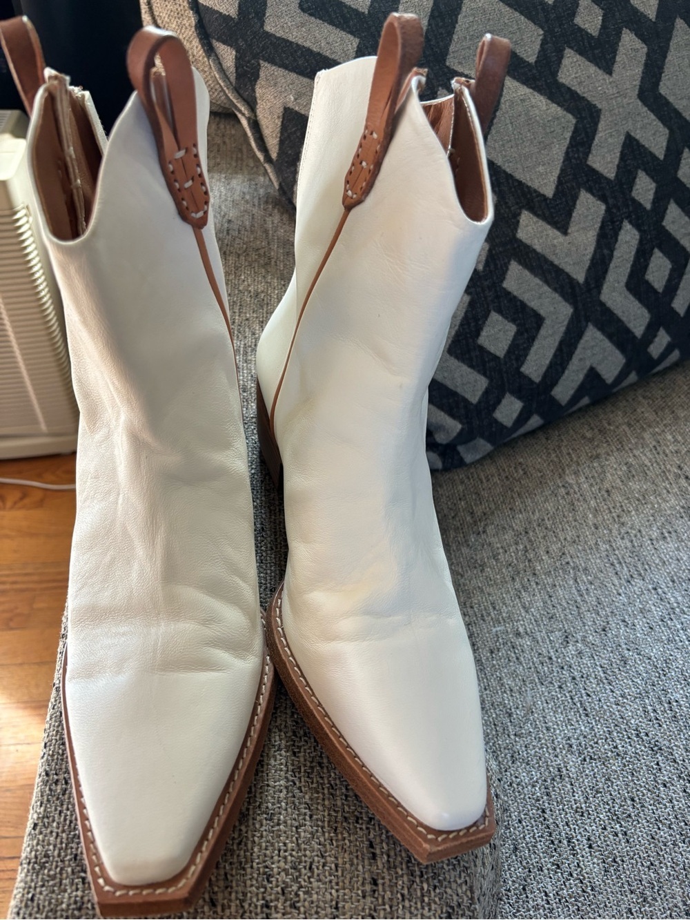 We The Free Cream Leather Western Ankle Boots with Tan Trim - Picture 4 of 14
